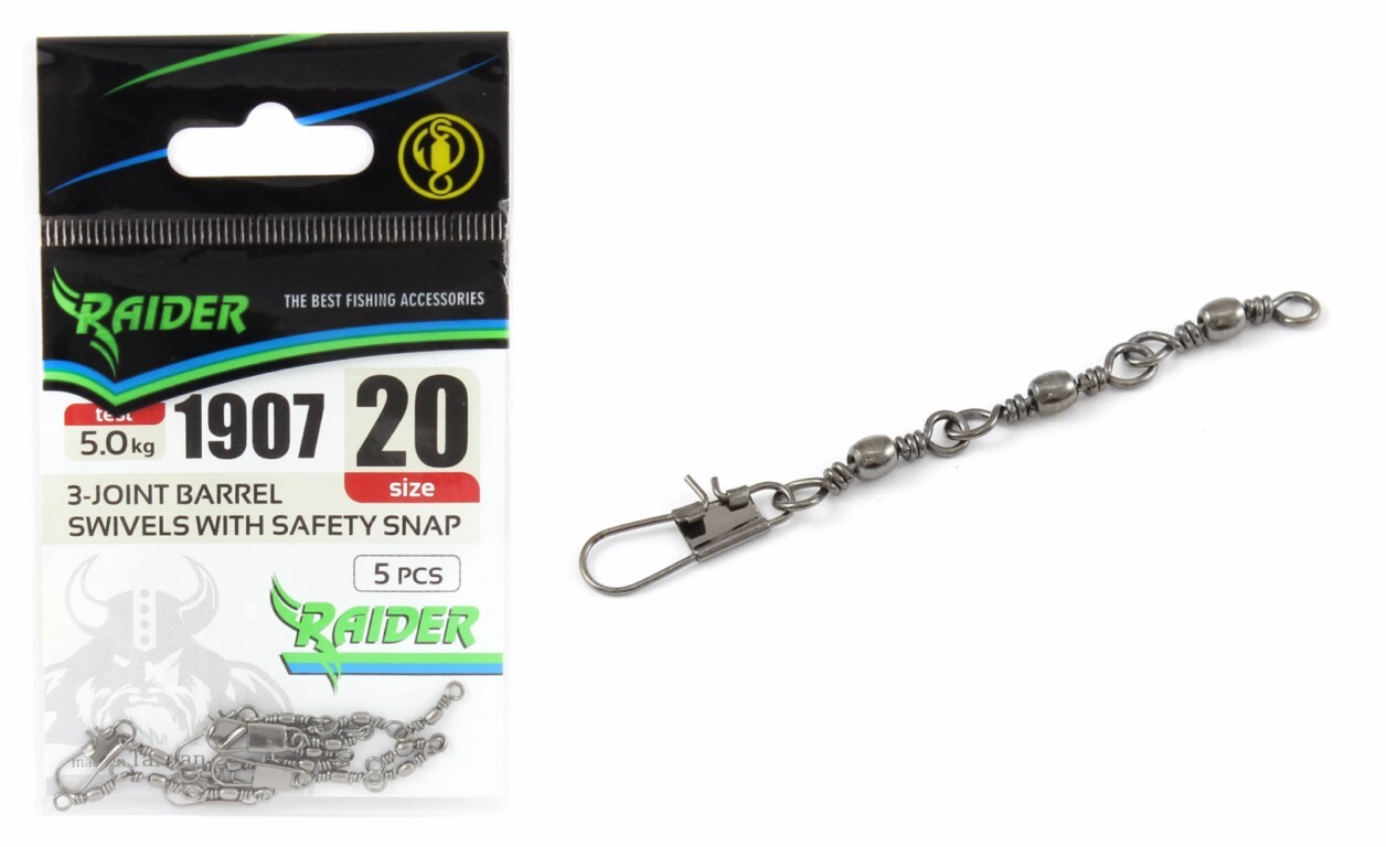 

3 вертлюга+застежка RAIDER 3-JOINT BARREL SWIVELS WITH SAFETY SNAP (уп.5шт) №20