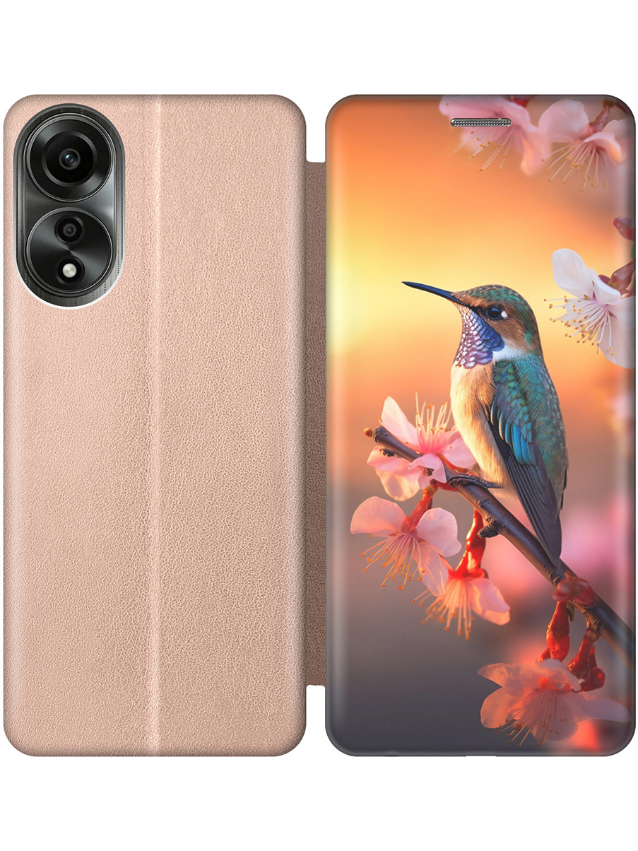 

Чехол-книжка на Oppo A78 4G с принтом "Птичка и закат" золотой, Золотистый;желтый;красный, 782629421