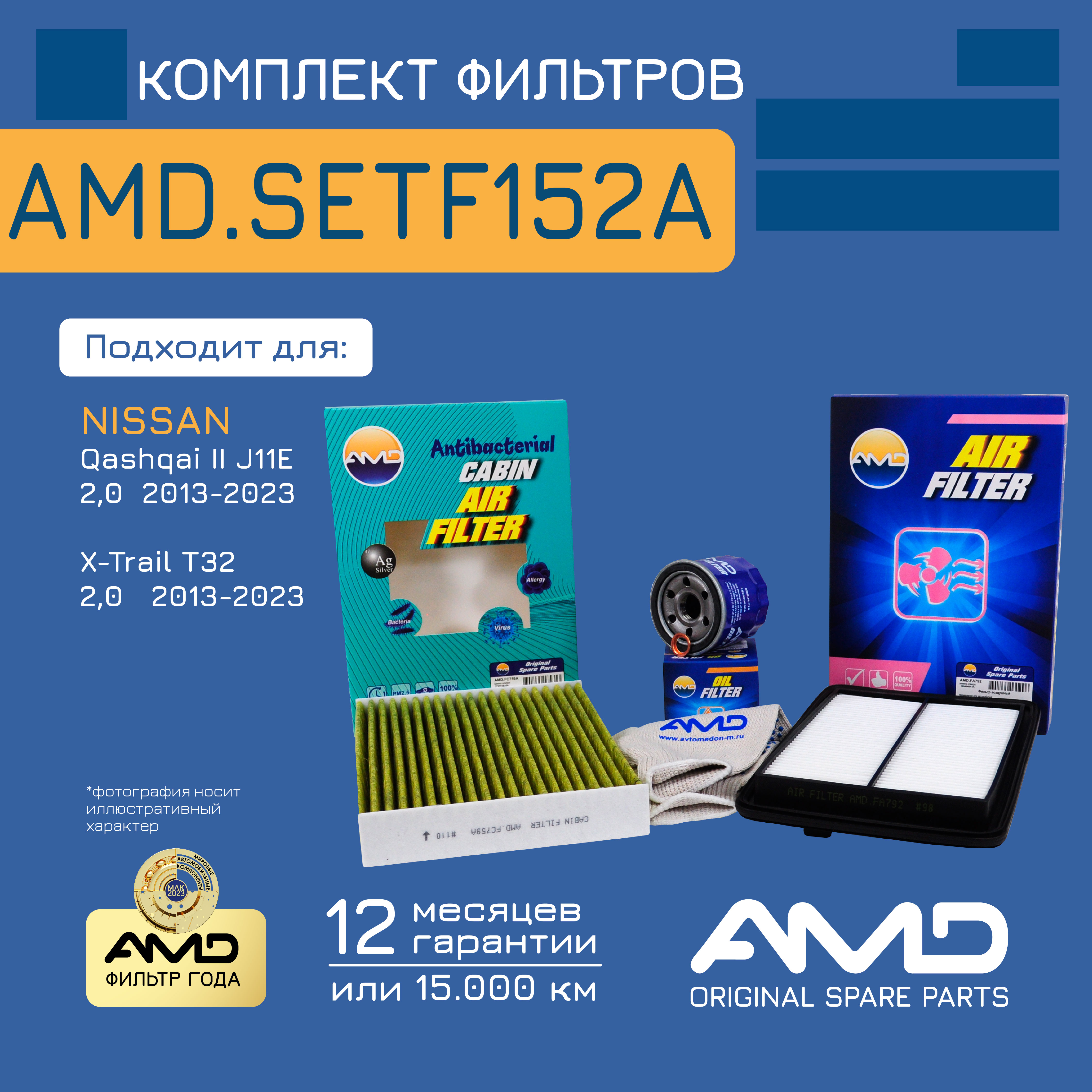 

AMD AMD.SETF152A Комплект фильтров (масл.152089F60A + возд.165464BA1A + салон.антибак.уг.2