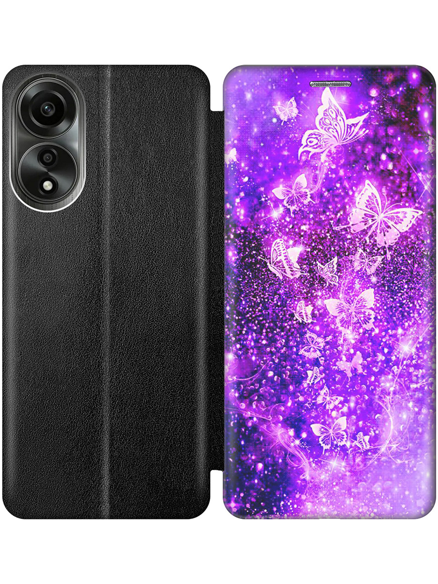 

Чехол-книжка на Oppo A78 4G с принтом "Фиолетовые бабочки" черный, Черный;фиолетовый, 782629421