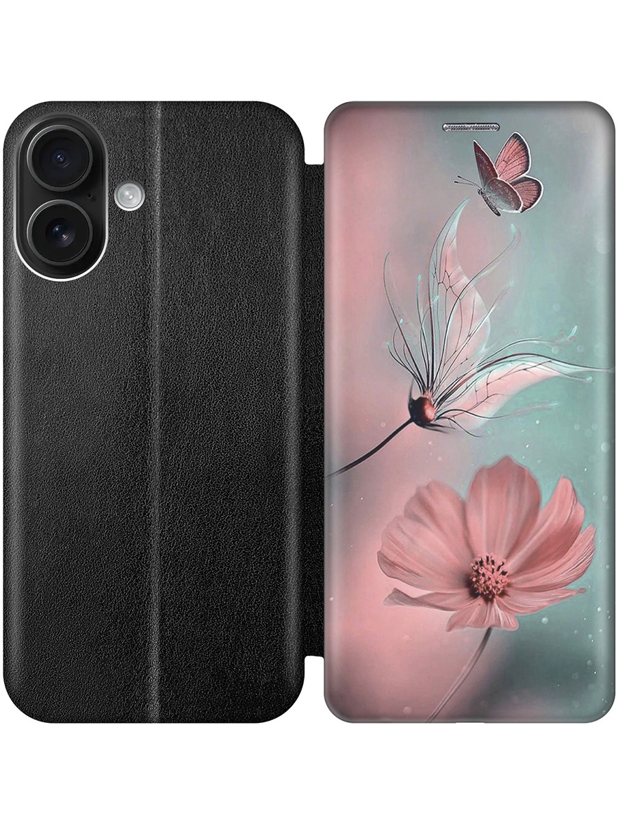 

Чехол-книжка на Apple iPhone 16 с принтом "Бабочка и цветы" черный, 785196522
