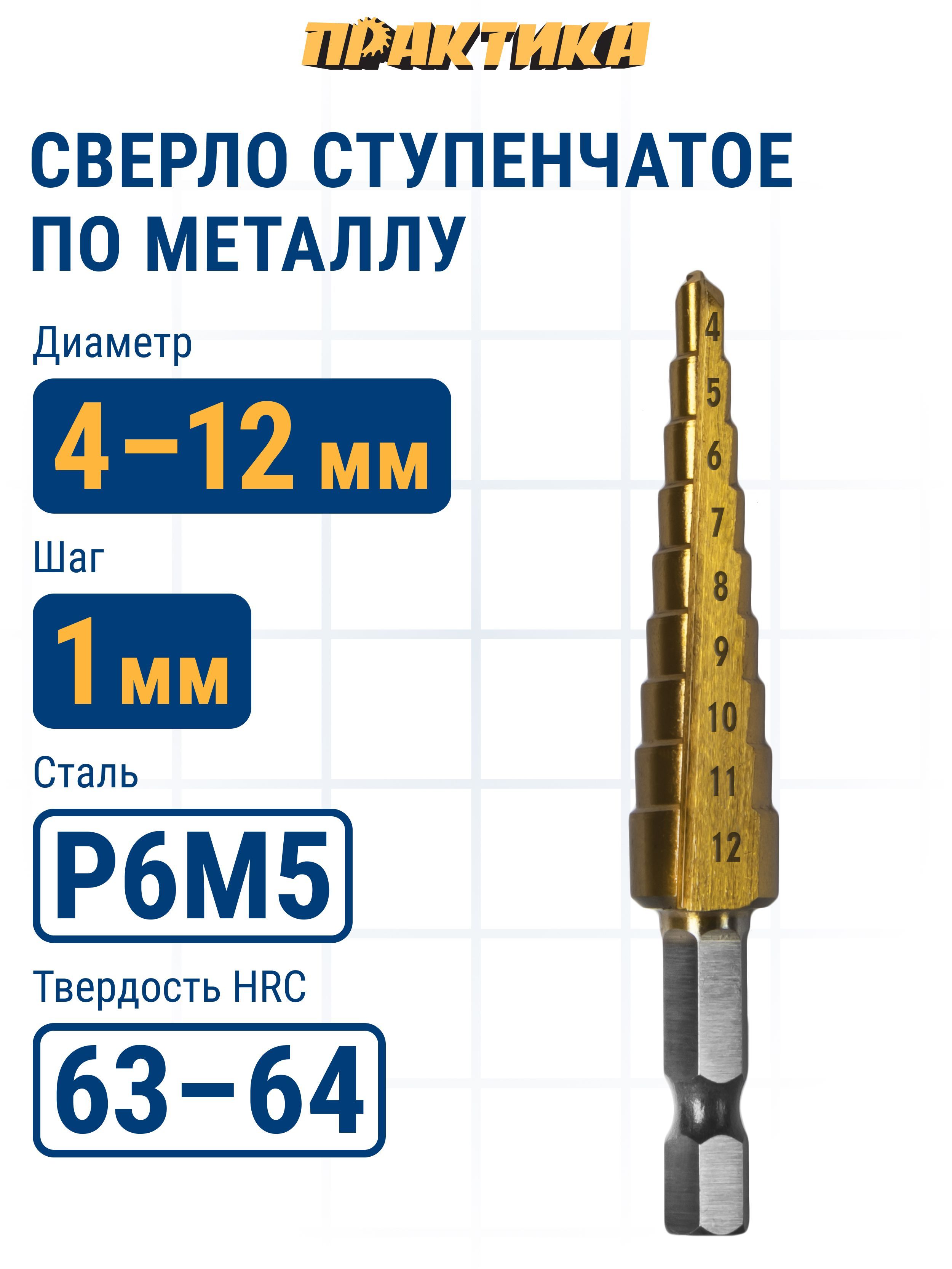 

Сверло по металлу ступенчатое ПРАКТИКА 4-12 мм шаг 1 мм TIN 1шт. ПРОФИ