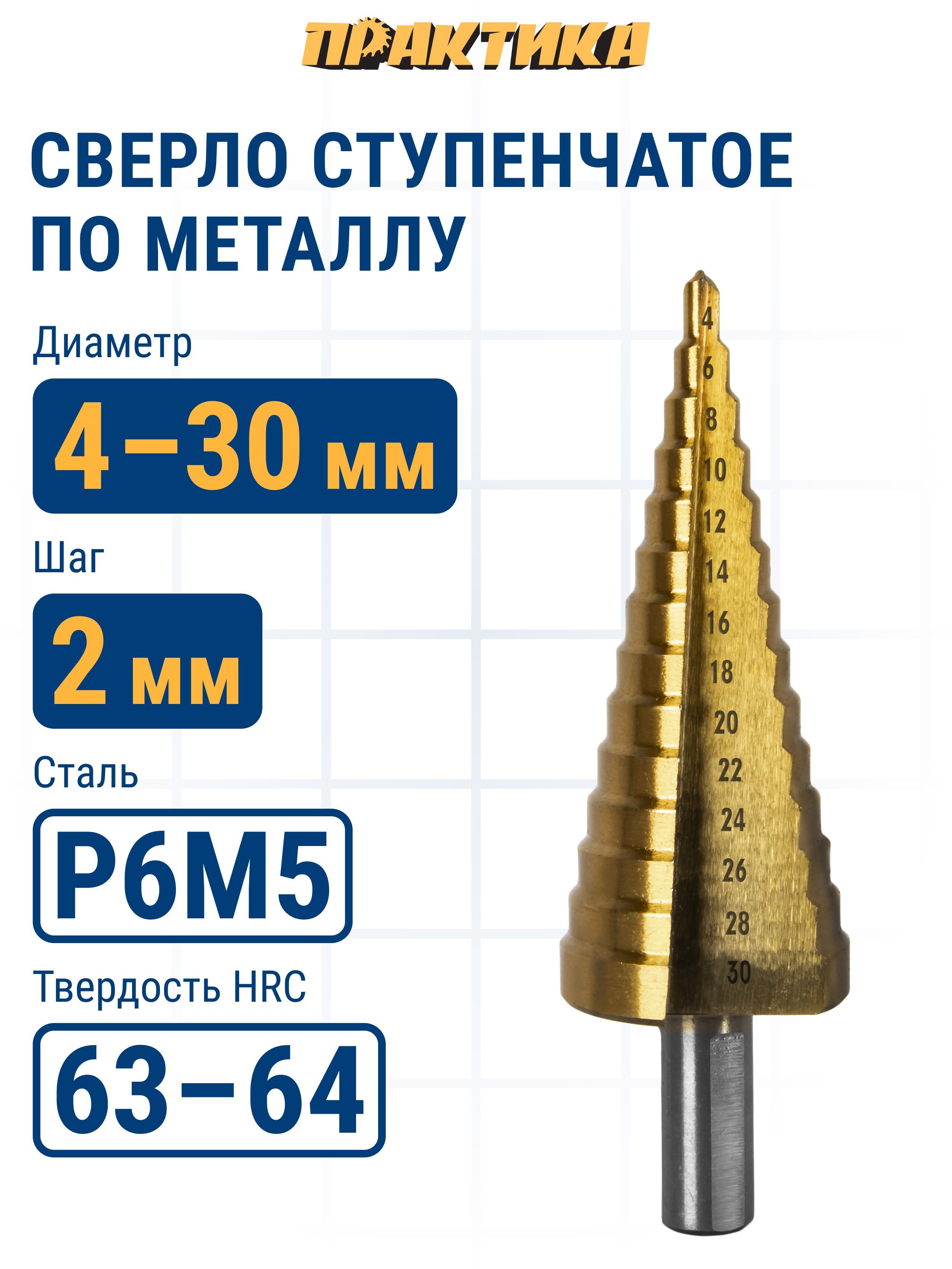 

Сверло по металлу ступенчатое ПРАКТИКА 4-30 мм шаг 2 мм TIN 1шт. ПРОФИ