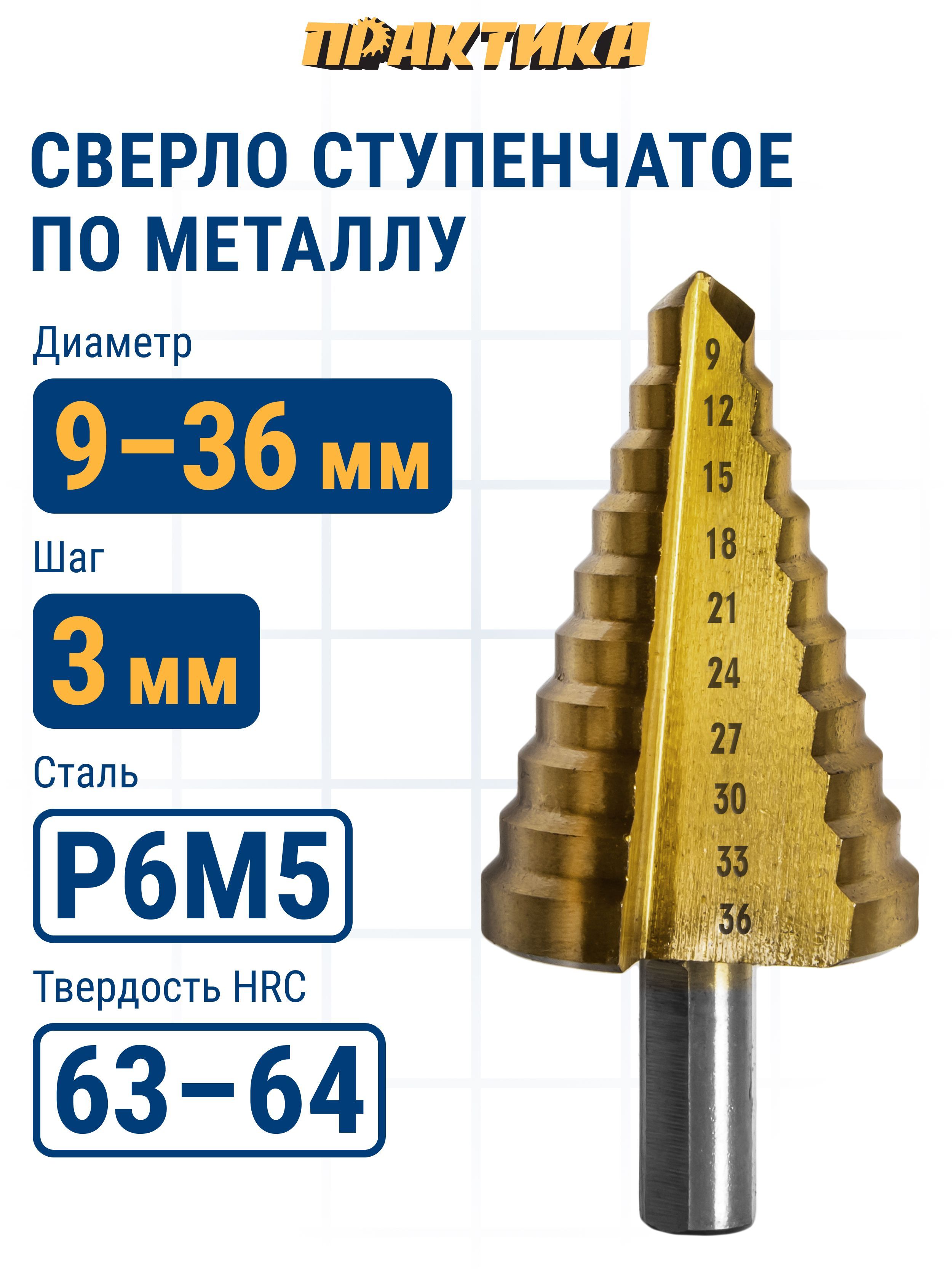 Сверло по металлу ступенчатое ПРАКТИКА 9-36 мм шаг 3 мм TIN 1шт ПРОФИ 2274₽