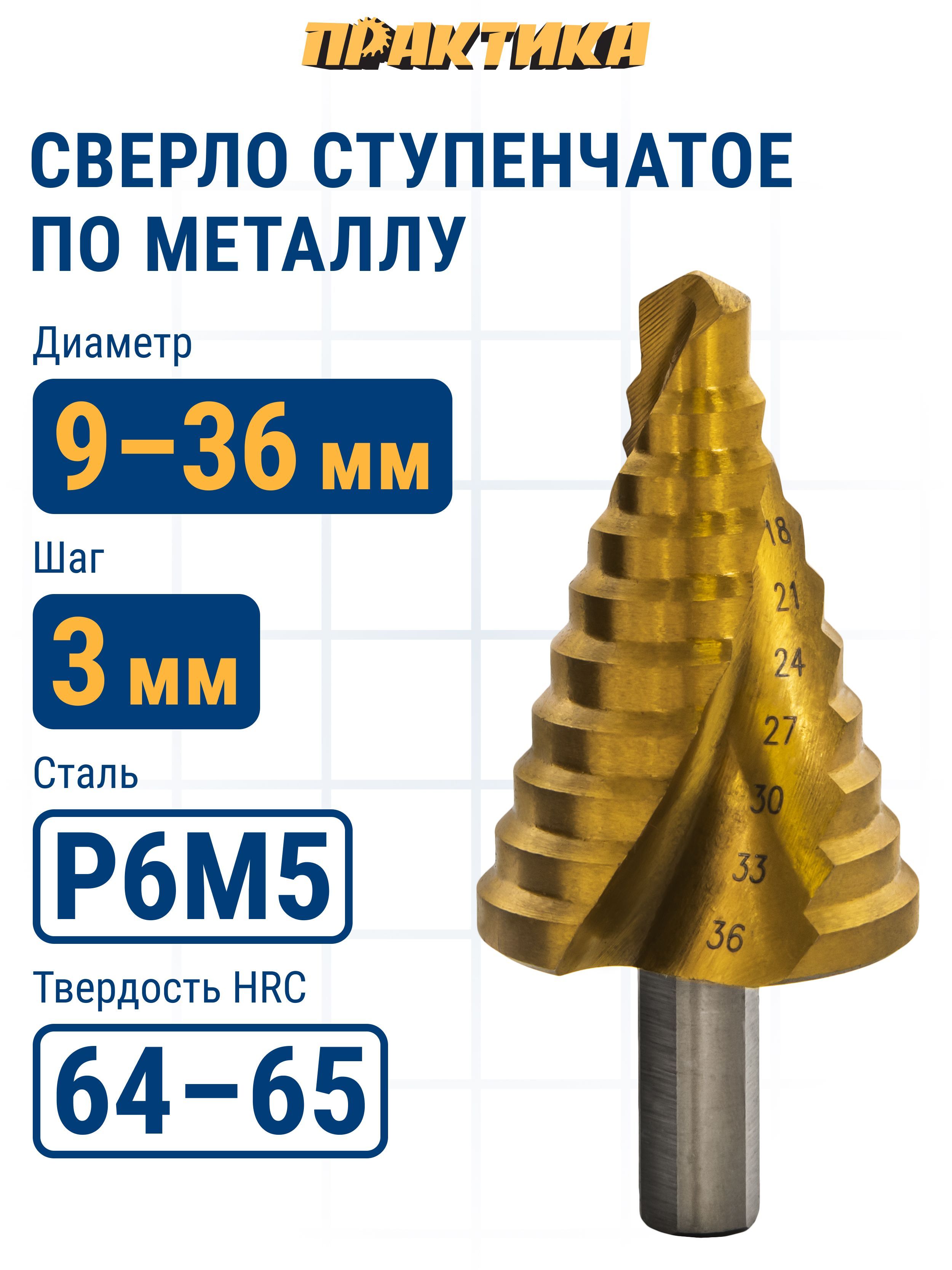 Сверло по металлу ступенчатое спиральное 9-36 мм, шаг 3 мм, 3-гран.хвост.10 мм