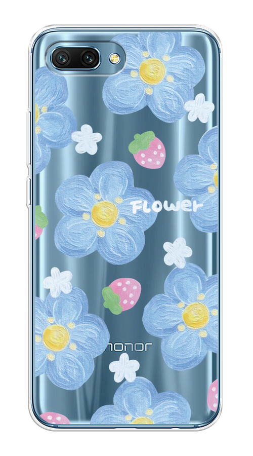 

Чехол на Honor 10 "Цветы и клубники", Прозрачный;голубой;белый, 65350-1