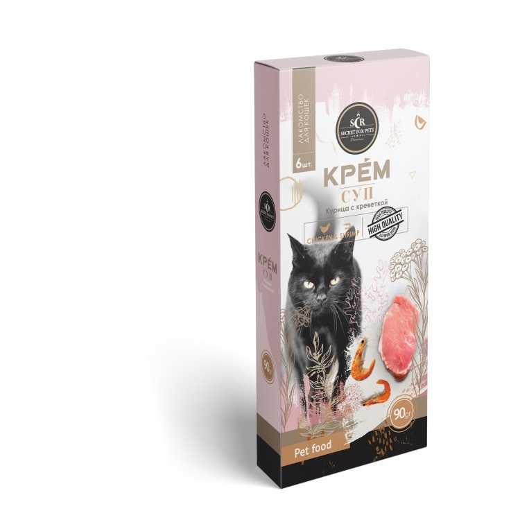 Лакомство для кошек SECRET FOR PETS крем-суп из курицы и креветок, 6 шт по 15 г