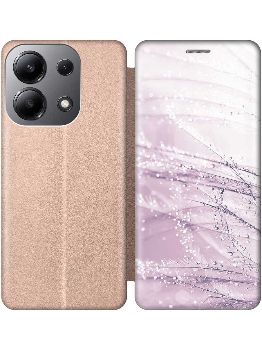 

Чехол-книжка на Xiaomi Redmi Note 13 4G с принтом "Капли на розовой траве" золотой, Золотистый;розовый, 782622823