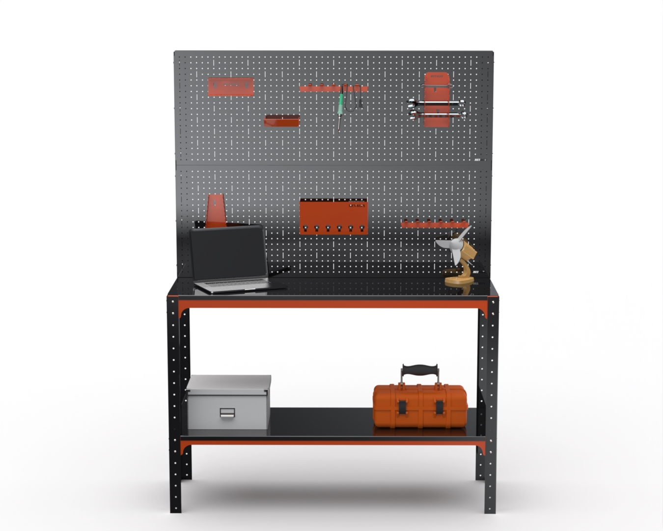 

Стол-верстак Metalex серия KIT 950х1200х600 (одна полка) + 2 перфопанель, оранжево-черный