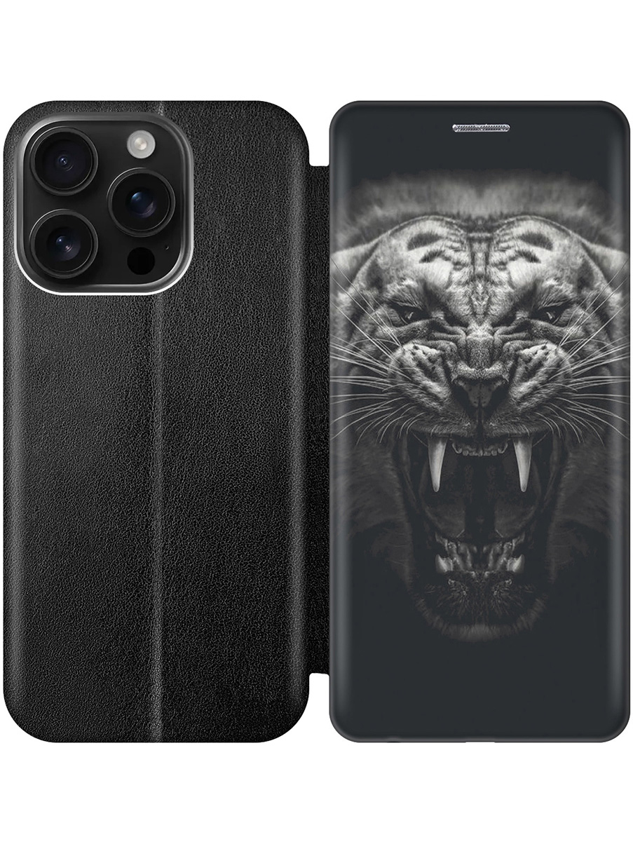 

Чехол-книжка на Apple iPhone 16 Pro с принтом "Оскал тигра" черный, Черный;серый, 785197713