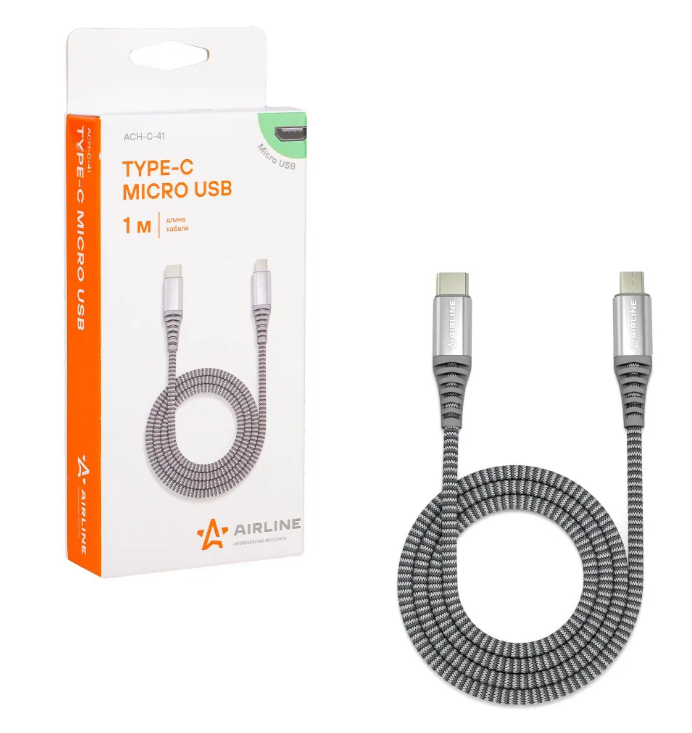 AIRLINE ACHC41 Кабель Type-C - micro USB 1м, серый нейлоновый (ACH-C-41)