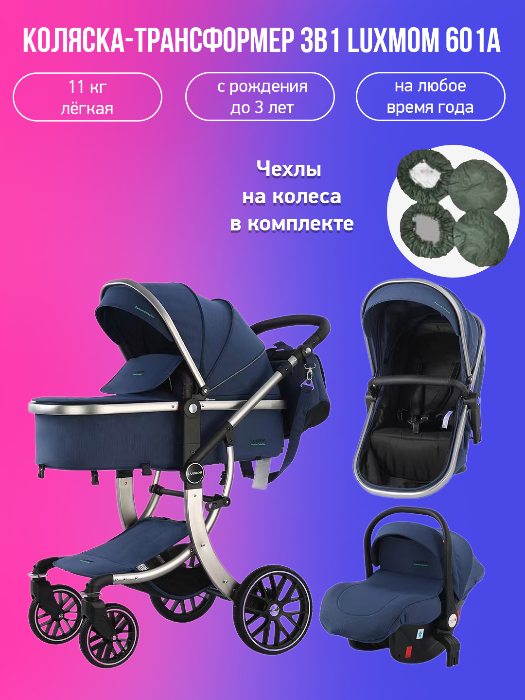 

Детская коляска-трансформер 3 в 1 Luxmom 601A, синий с чехлами на колеса, 601A