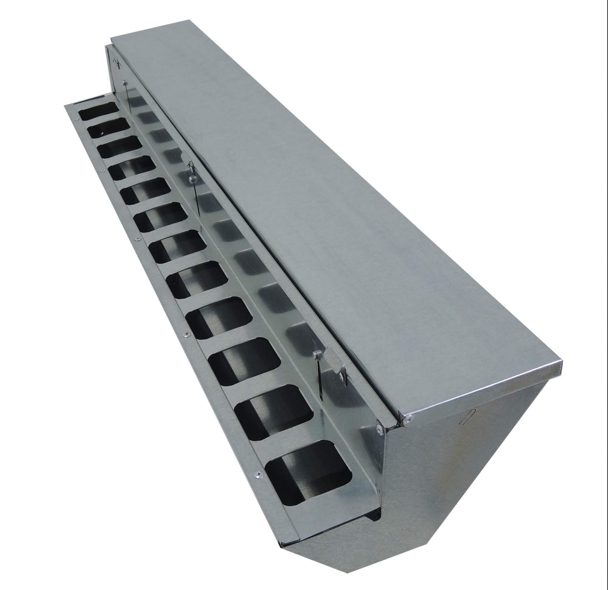 

Кормушка для сельхоз птиц Экономка К-90, бункерная, 12 окон, металл, 14 л, 90 x 14 x 10 см, Серебристый, Эк-К-90