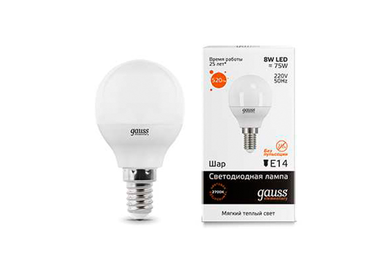 Лампа Gauss LED Elementary Шар 8W E14 520lm 3000K