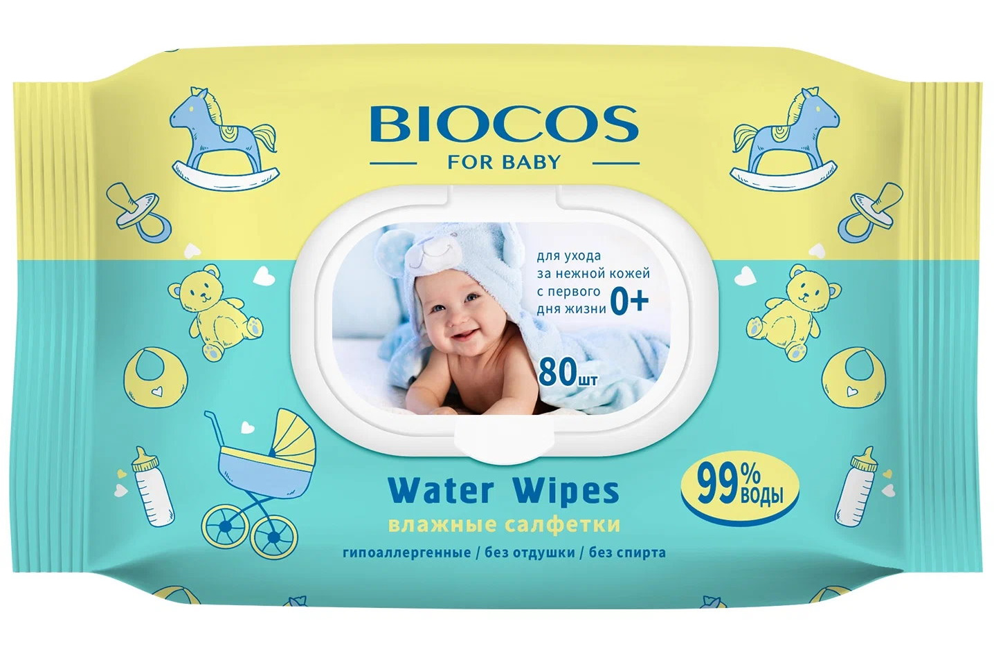 Детские влажные салфетки BioCos Water Wipes с клапаном 80 шт/упак