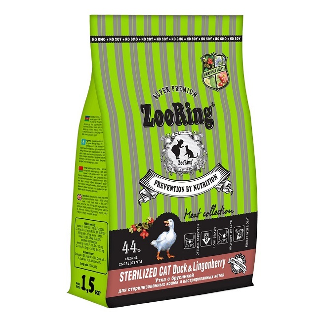 Сухой корм для кошек ZooRing Sterilized Cat, для стерилизованных, утка с брусникой, 1,5 кг