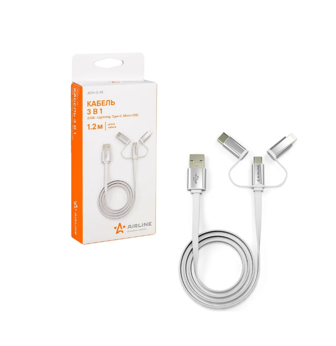 AIRLINE ACHC49 Кабель универсальный 3в1 (USB - Lightning, Type-C, Micro USB), 1.2м Soft-To