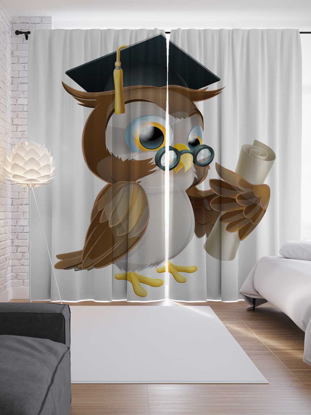 фото Шторы joyarty с фотопечатью "мудрая сова в очках" из сатена, 290х265 см