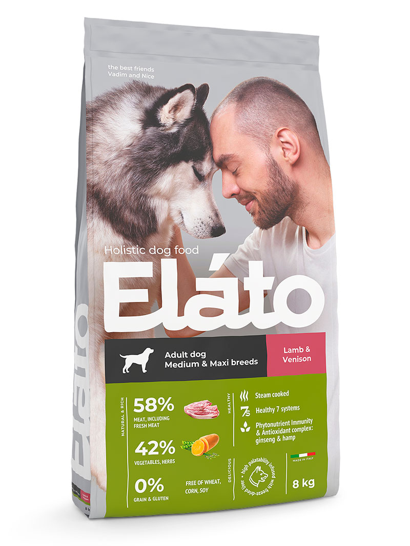 Корм сухой для собак средних и крупных пород Elato Holistic, с ягненком и олениной, 8 кг