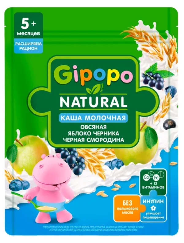 Каша детская Gipopo овсяная молочная яблоко-черника-черная смородина с 5 месяцев 170 г