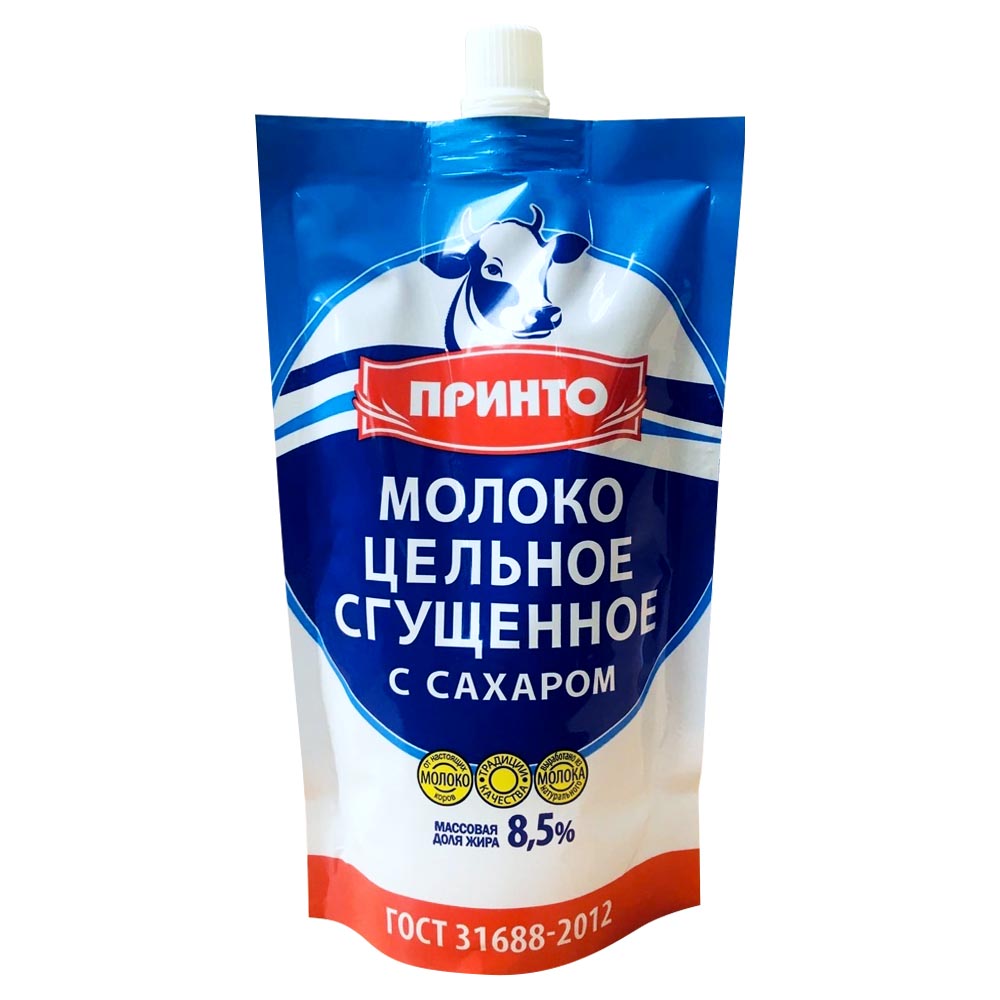 Молоко сгущённое Принто цельное, с сахаром, 8,5%, дой-пак, 250 г