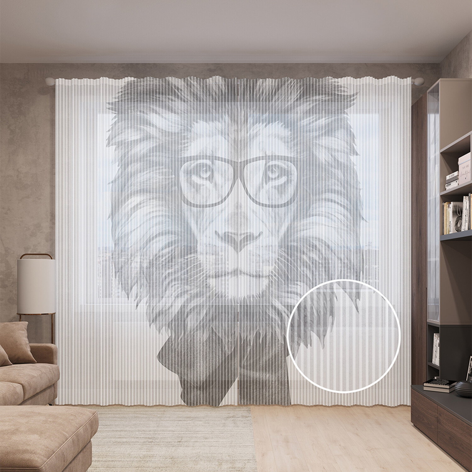 фото Тюль вуаль на шторной ленте с принтом joyarty "мудрый лев", 310х265 см