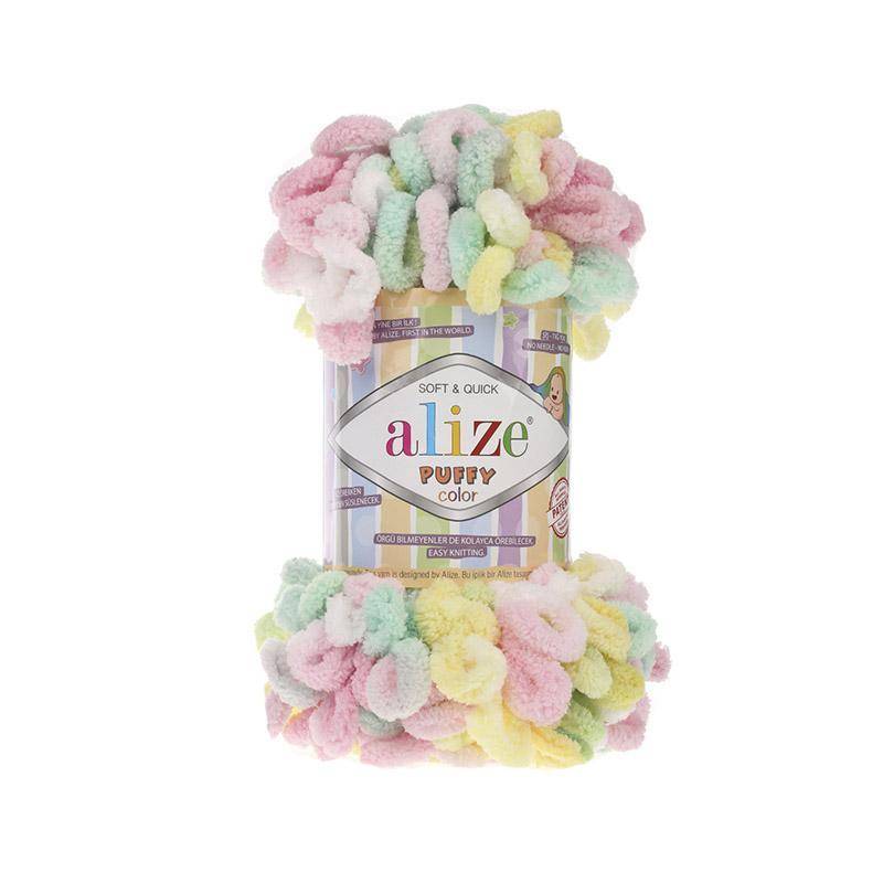 

Пряжа Alize 146977 Пуффи 5862 лимон, розовый, мята, Разноцветный, Puffy