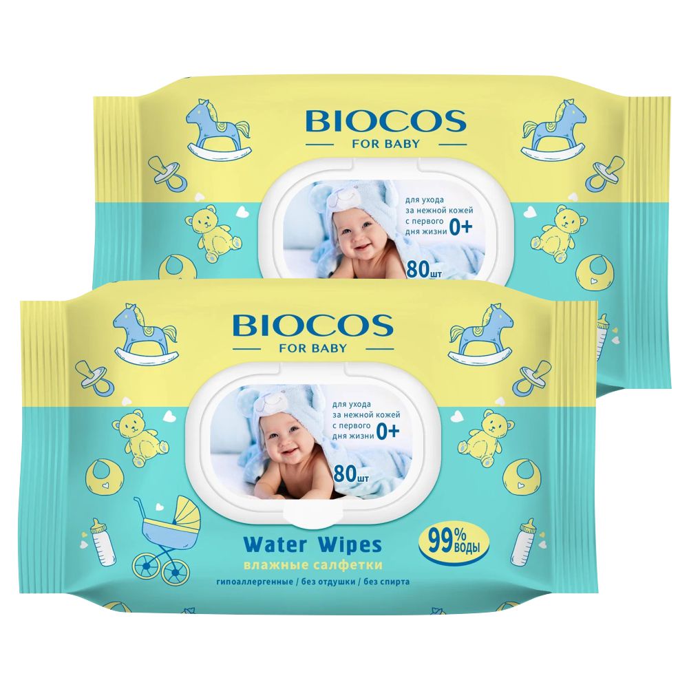 Комплект Детские влажные салфетки BioCos Water Wipes с клапаном 80 шт 2 упак