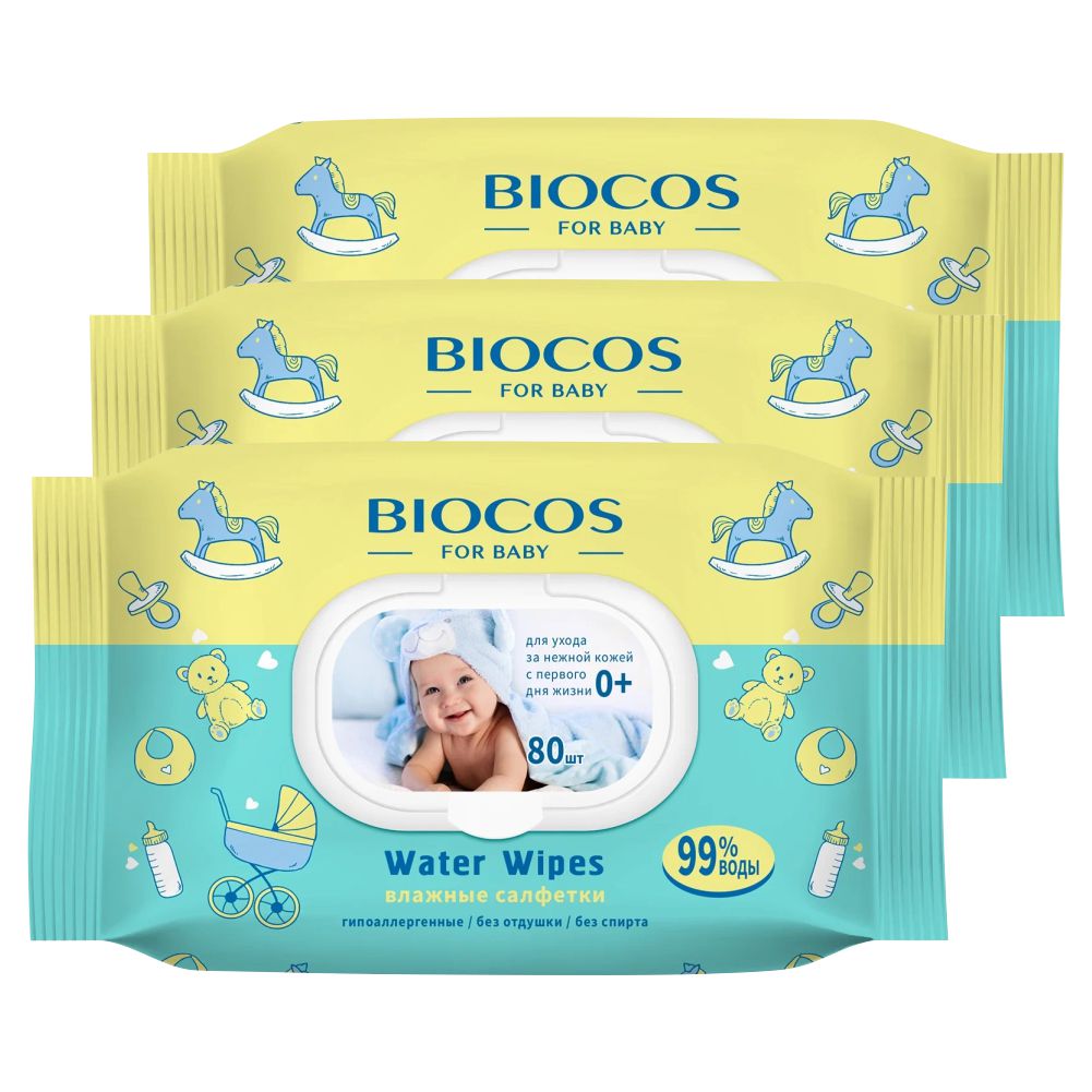 Комплект Детские влажные салфетки BioCos Water Wipes с клапаном 80 шт 3 упак