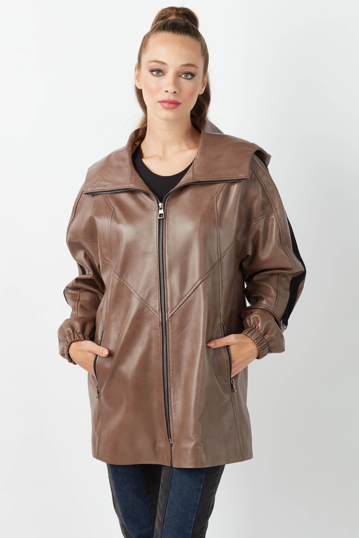 фото Кожаная куртка женская deriza dk-1236 бежевая 3xl (товары доставляются из-за рубежа)