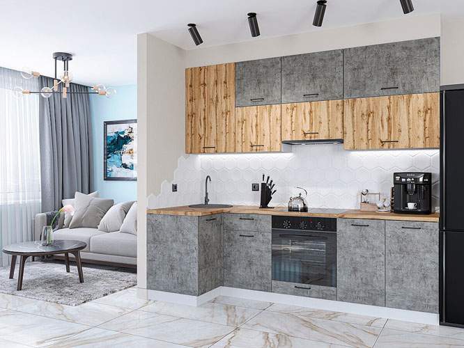 

Кухонный гарнитур Vivat Флэт-04 Wotan Oak/Temple Stone угловая без столешницы