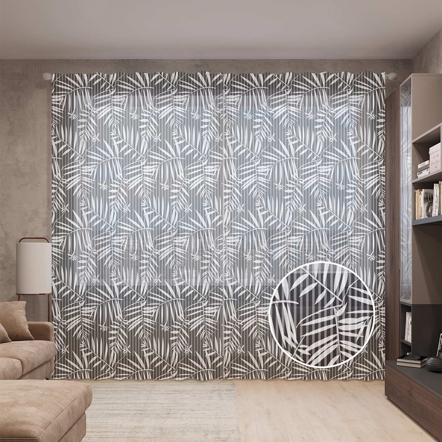 

Тюль вуаль на шторной ленте с принтом JoyArty "Оттиск тропических листьев", 310х265 см, Оттиск тропических листьев