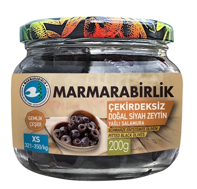Маслины Marmarabirlik XS черные вяленые без косточки стеклянная банка, 200 г