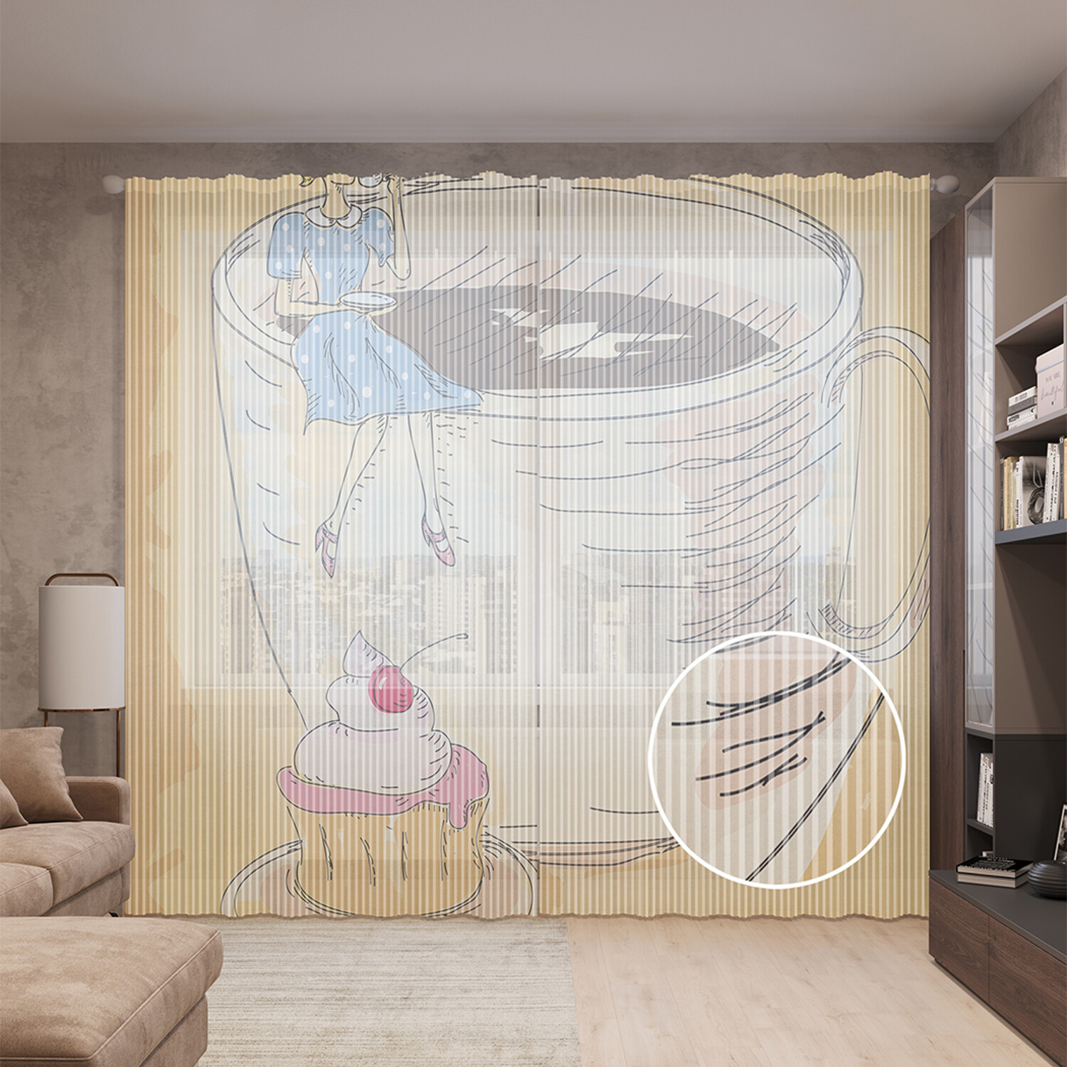 фото Тюль вуаль на шторной ленте с принтом joyarty "с кофе на чашке кофе", 310х265 см
