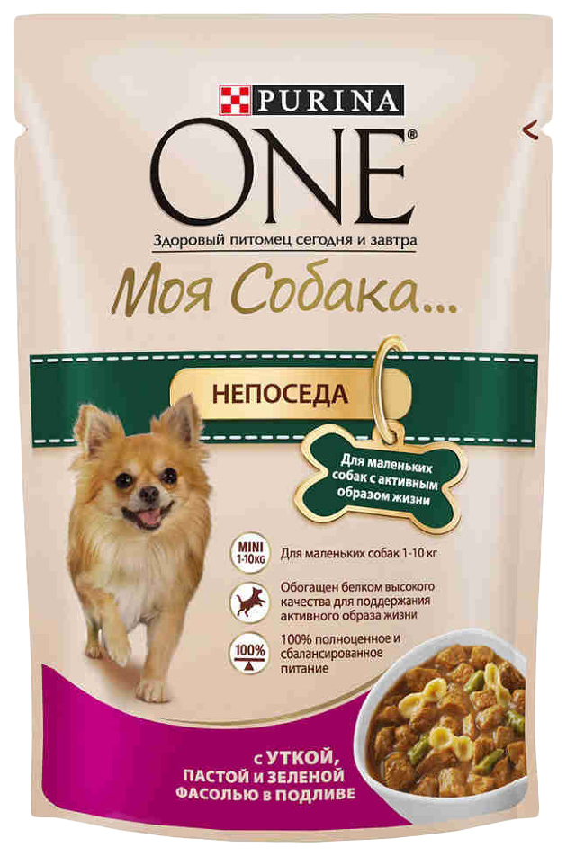 фото Влажный корм для собак purina one моя собака... непоседа, утка, паста, зеленая фасоль,100г