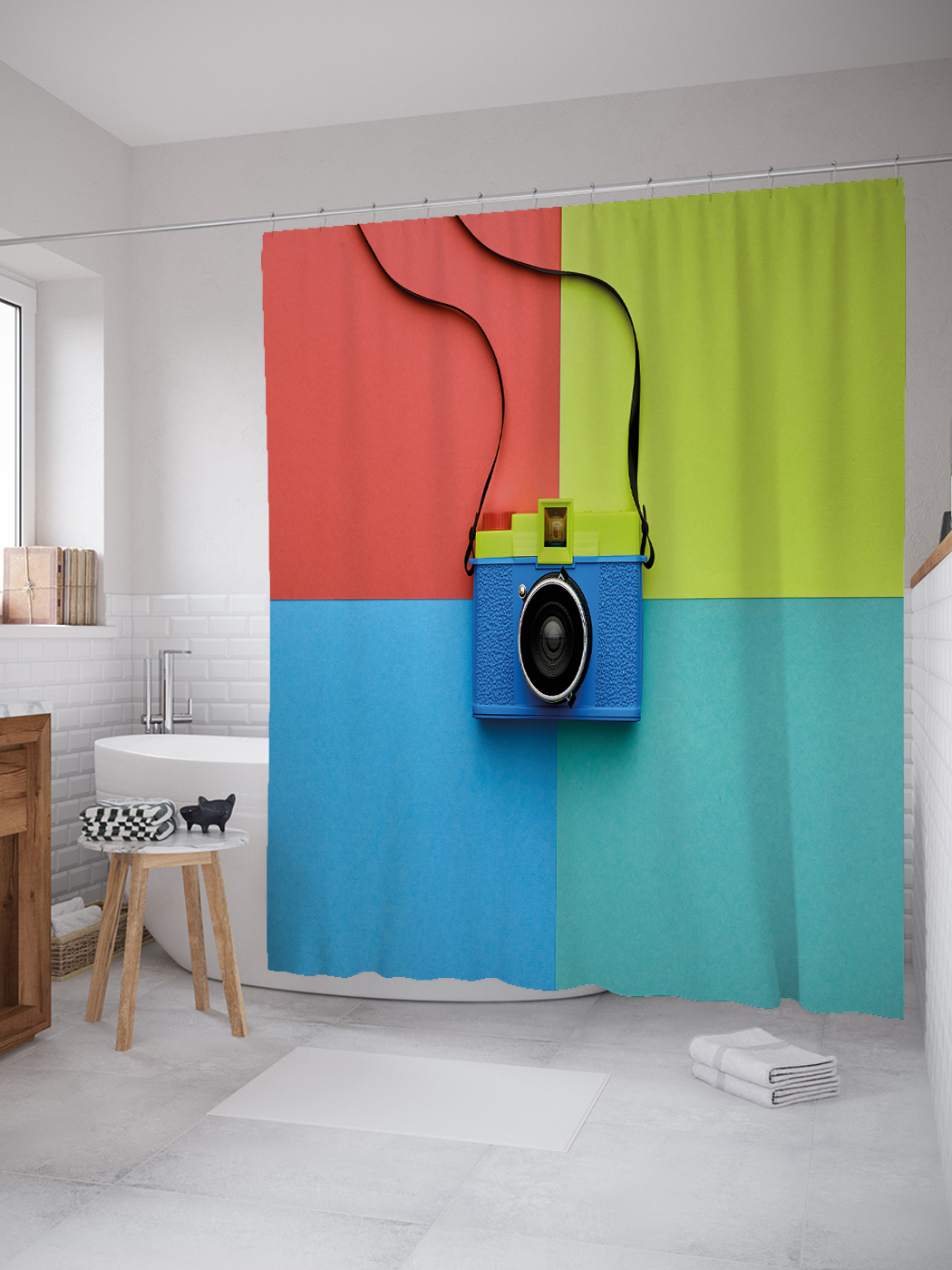 

JoyArty Штора (занавеска) для ванной «Фотоаппарат» из ткани, 180х200 см с крючками, Зеленый;розовый;голубой