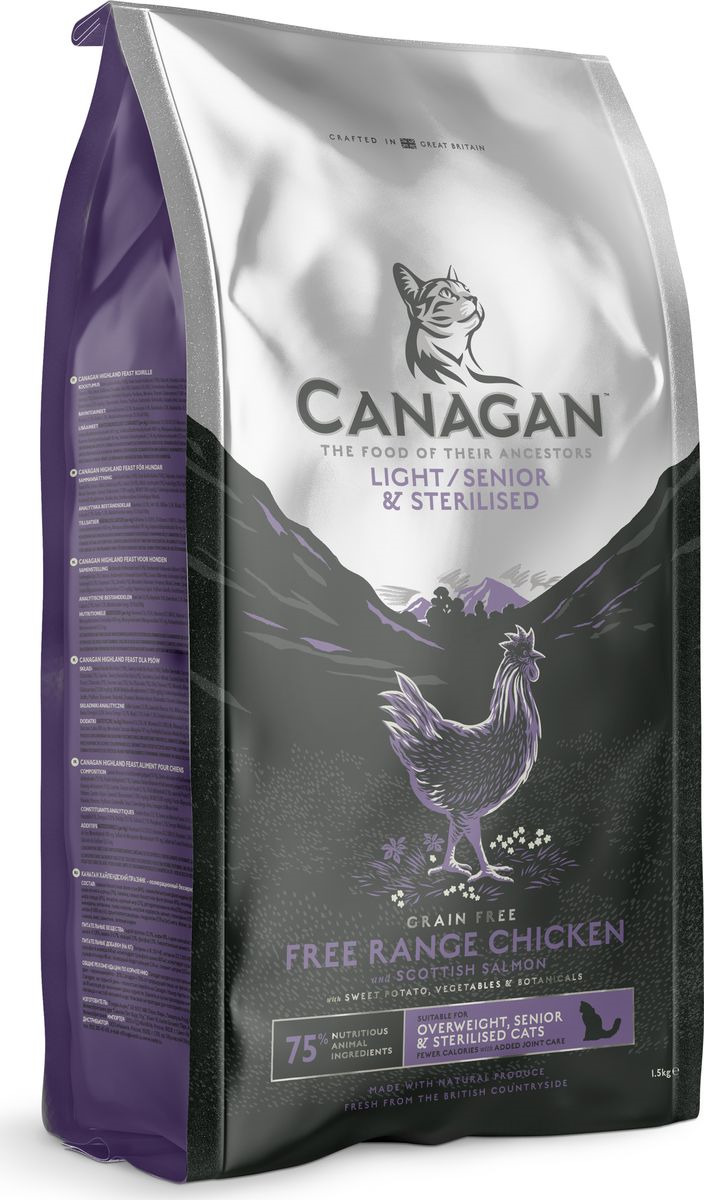 

Сухой корм Canagan Gf Light Senior Sterilised для пожилых кошек1,5 кг, Цыпленок, лосось, Light Senior Sterilised