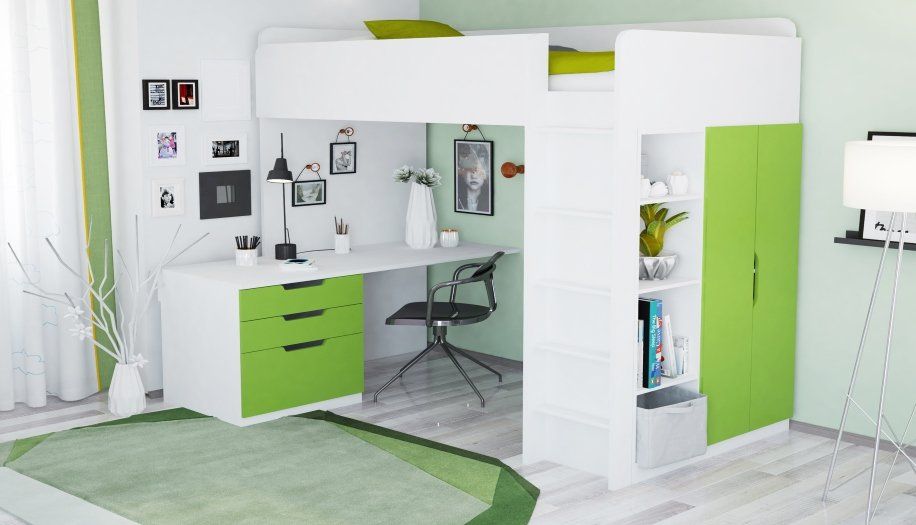 фото Кровать-чердак polini simple с письменным столом и шкафом, белый-лайм polini kids