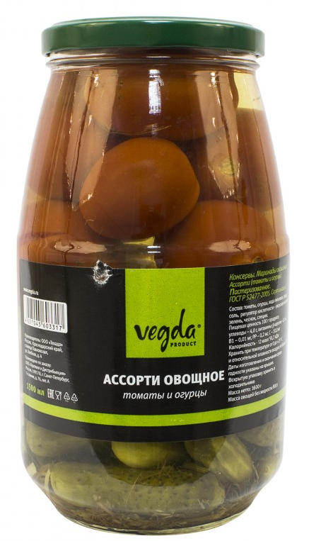 

Ассорти овощное Vegda томаты и огурцы гост 1500 мл