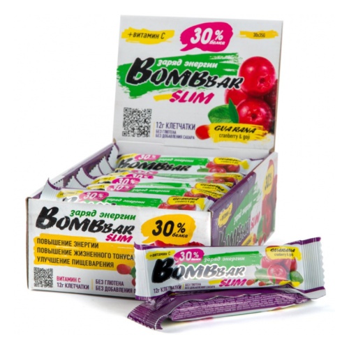 фото Протеиновый батончик bombbar slim + vitamin c (клюква-годжи), 30 шт. по 35г