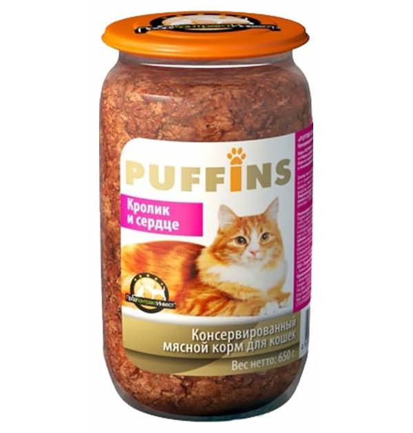 Консервы для кошек Puffins, с кроликом и сердцем, 8шт по 650г