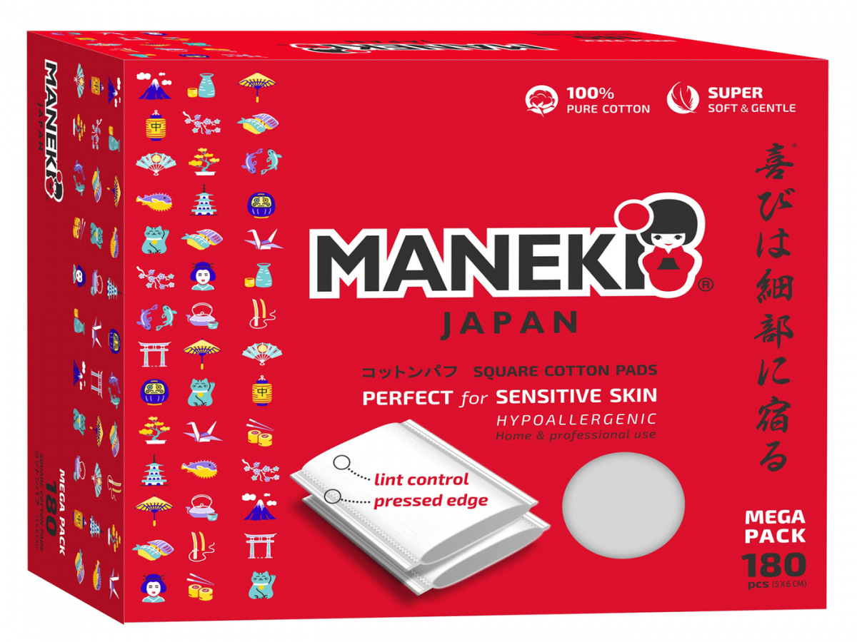 Подушечки ватные косметические Maneki Lovely, прямоугольные, с пресс-линиями, 180 шт
