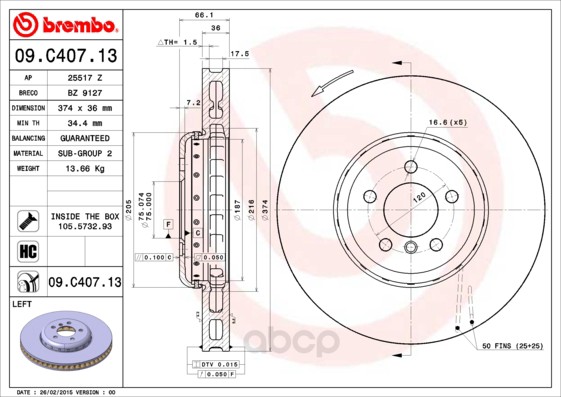 

Тормозной диск brembo передний вентилируемый 374x36 5 отверстий 09C40713