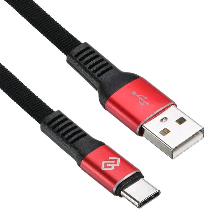 

Кабель Digma USB - Type-C, 2 А, 1.2 м, черный/красный (type-c-1.2m-flat-blk)