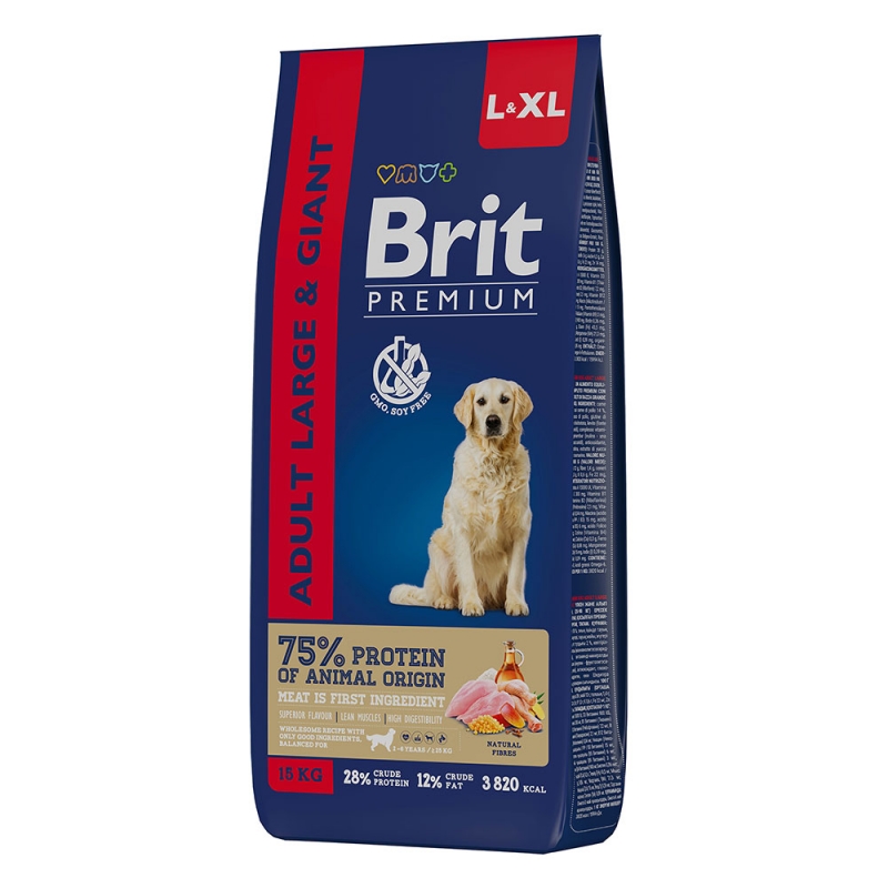 фото Сухой корм для собак крупных пород brit premium dog adult large&giant курица, 15+3кг