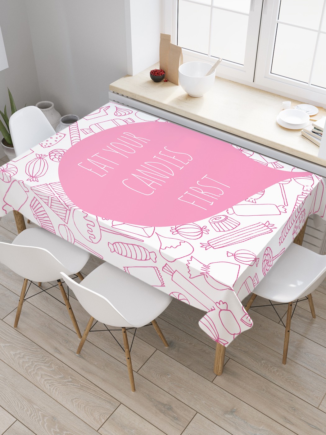 

Скатерть прямоугольная JoyArty "Съешь свои конфеты" из оксфорда, 180x145 см, Розовый, Съешь свои конфеты