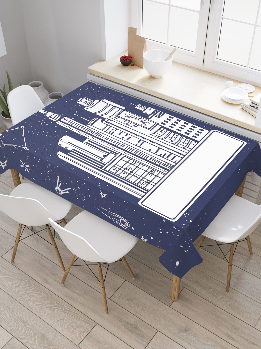

Скатерть прямоугольная JoyArty "Космический небоскреб" из оксфорда, 180x145 см, Синий, Космический небоскреб