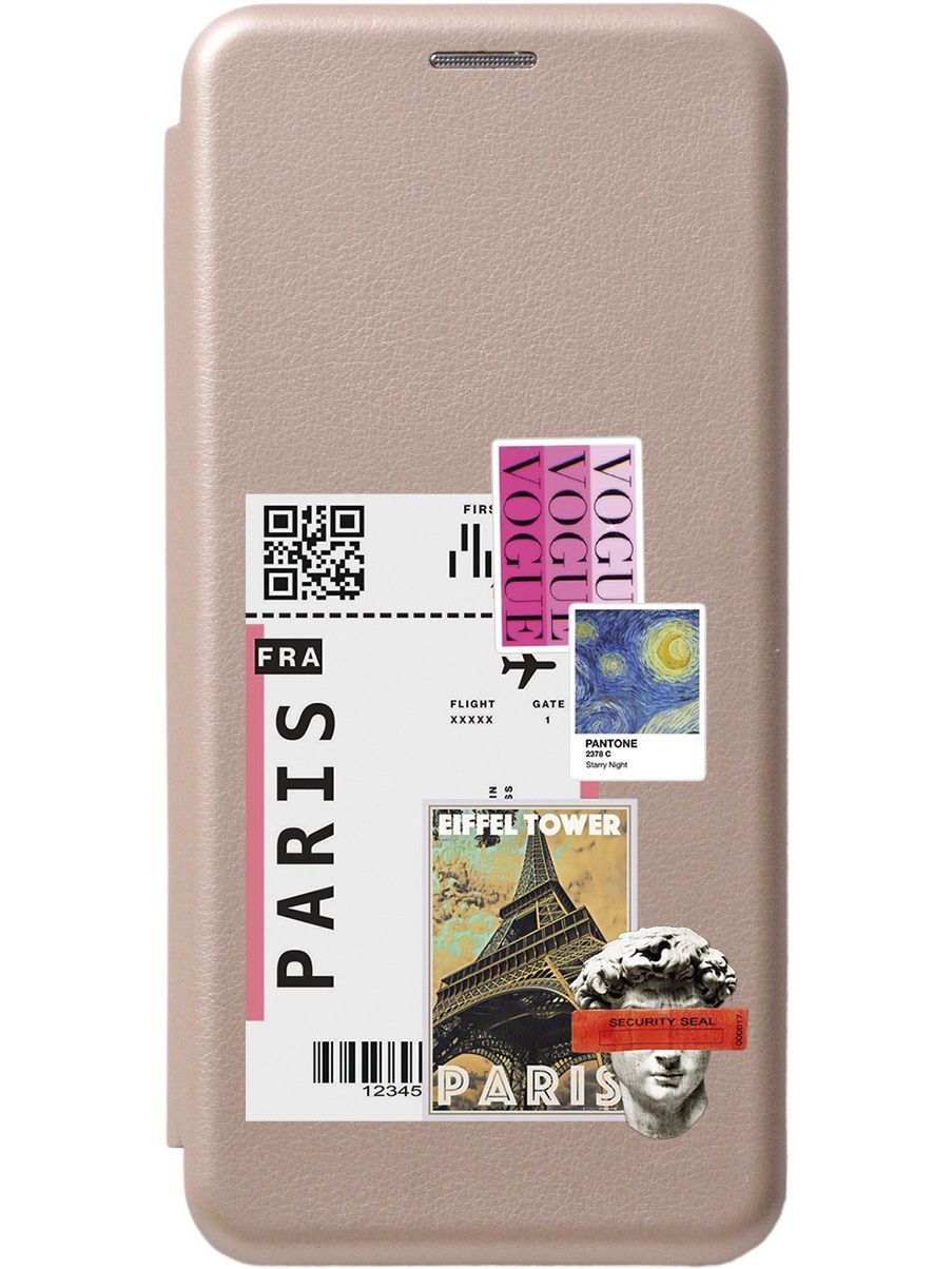 

Чехол-книжка на Tecno Pova 4 Pro с 3D принтом "Paris Stickers" золотой, Золотистый;бежевый, 158100