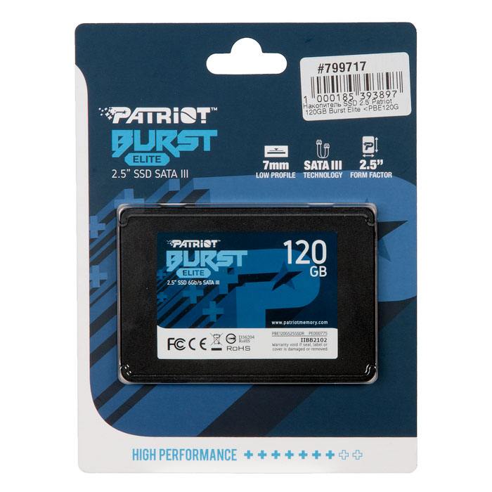 

Накопитель SSD 2.5" Patriot 120GB Burst Elite (SATA3, up to 450/320Mbs, 50TBW, 7mm), PBE120GS25SSDR
