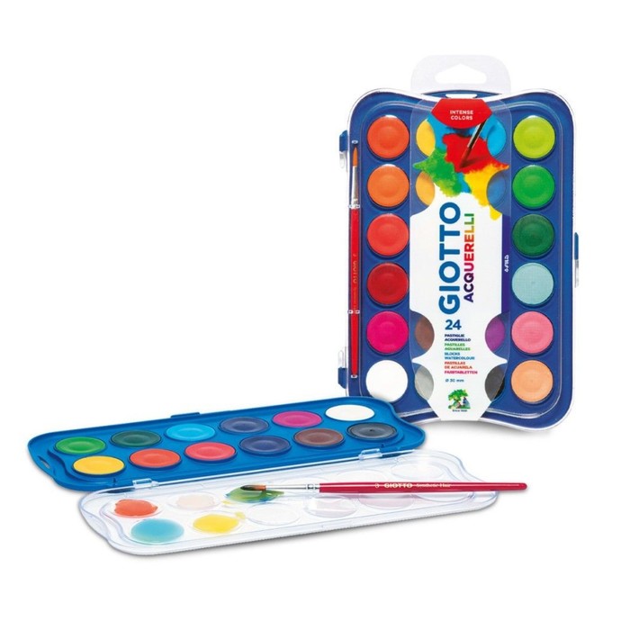 

Акварель Giotto Colour Blocks сухая, 24 цвета, d=30 мм, с кистью, Разноцветный